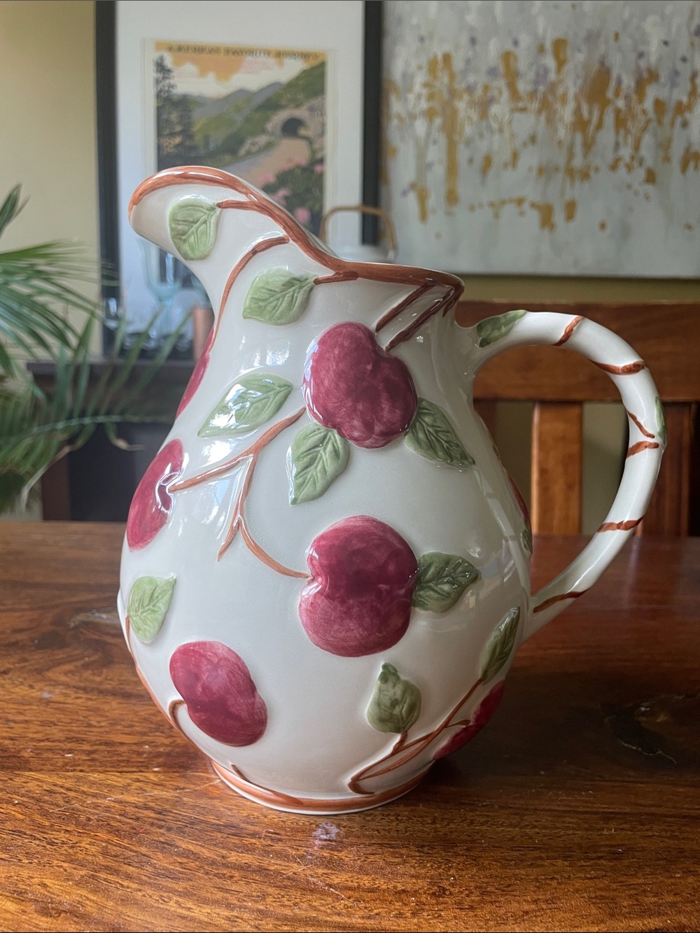 Franciscan Fruit-Pattern Ceramic Pitcher w/ Cherries or Apples Made in Portugal